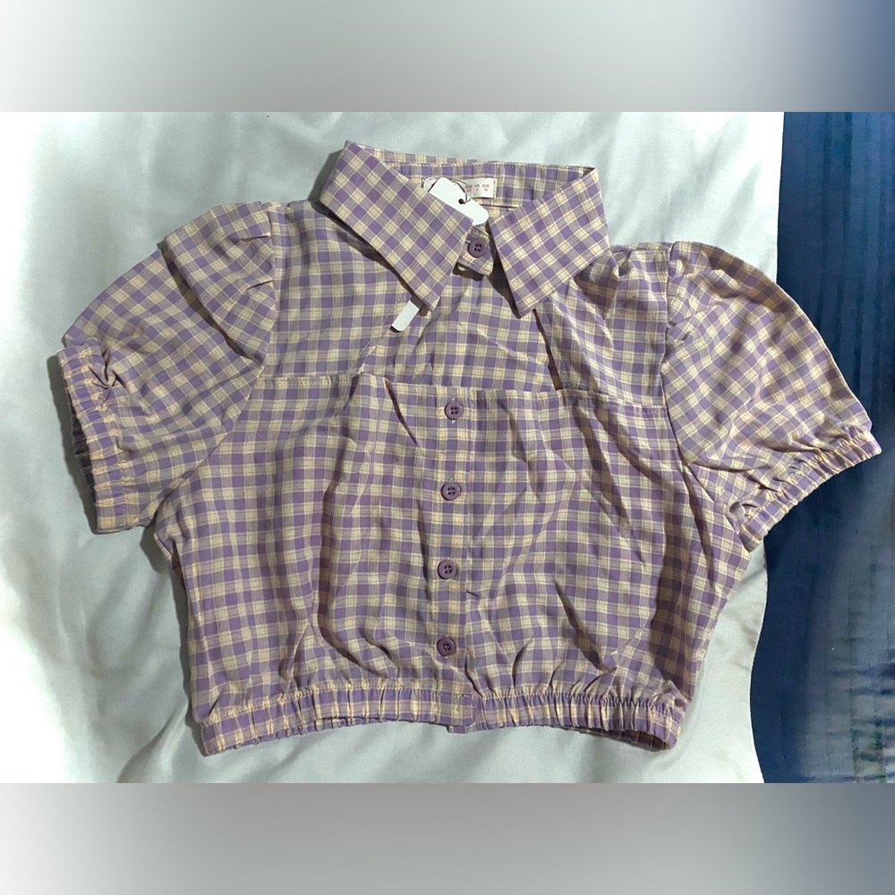 CROP TOP | Plaid Cut Out Button Funnel Spread Collar | Women’s Size 2 - Picture 5 of 11